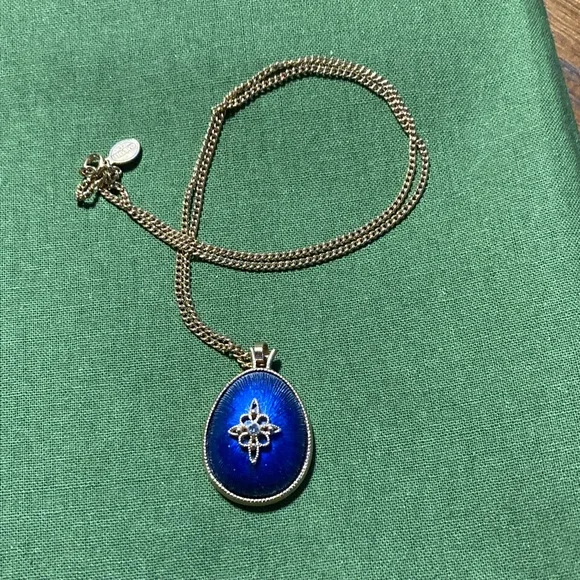 Gold Tone Blue Enamel Oval Pendant Necklace - Avon - Picture 2 of 2